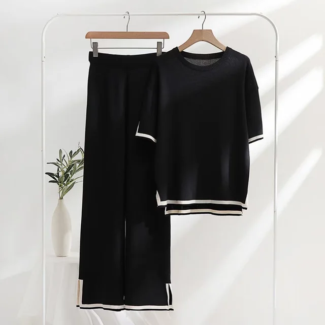Patchwork Loose Sweater With Short Sleeves Top Split Trousers Knitting Suit Black - Shop at LoveMi