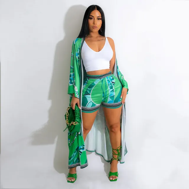 Spring And Summer New Printed Long Shirt Fashion Shorts Suit Two piece Set Green - Shop at LoveMi