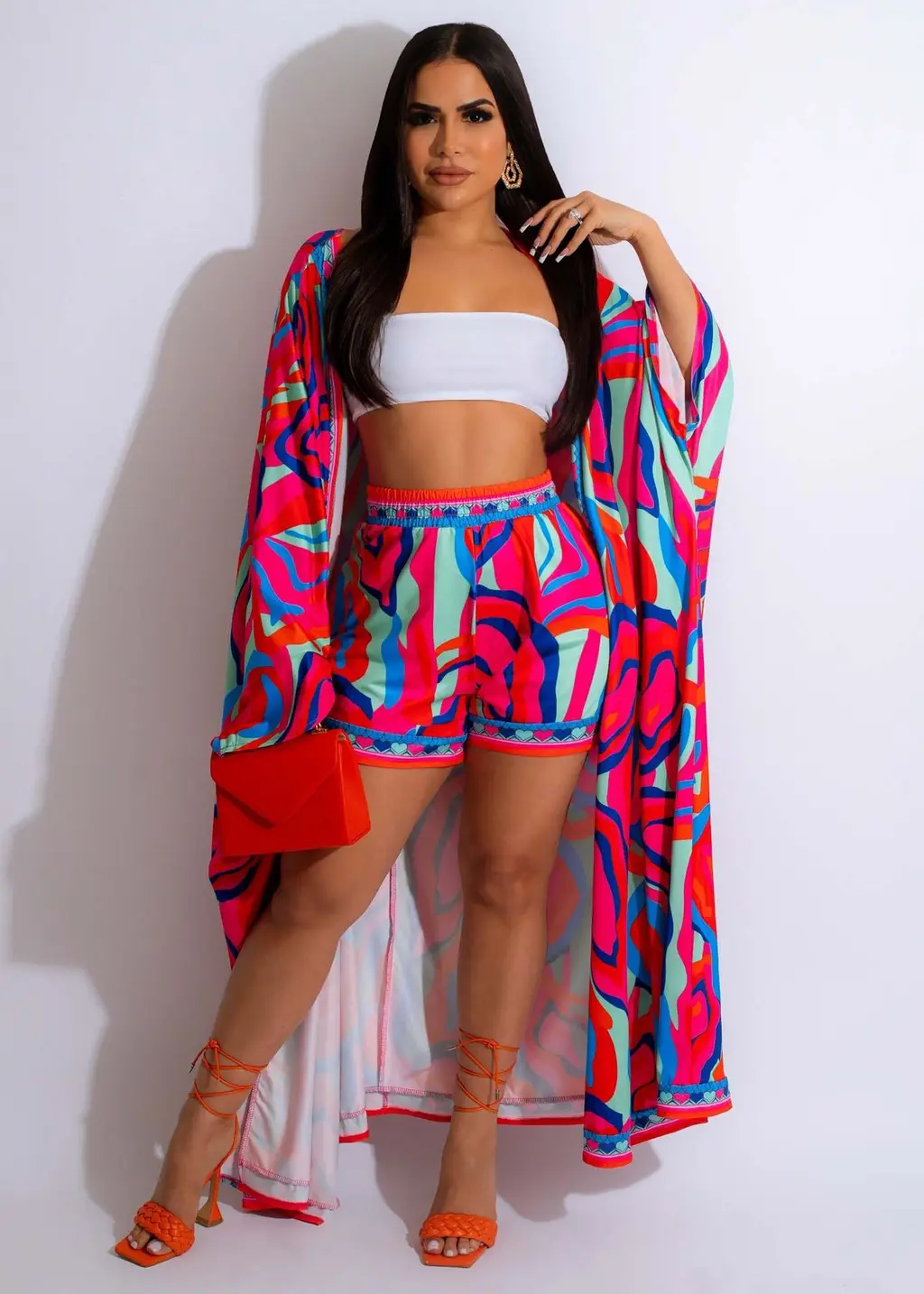 Spring And Summer New Printed Long Shirt Fashion Shorts Suit Two-piece Set - Red