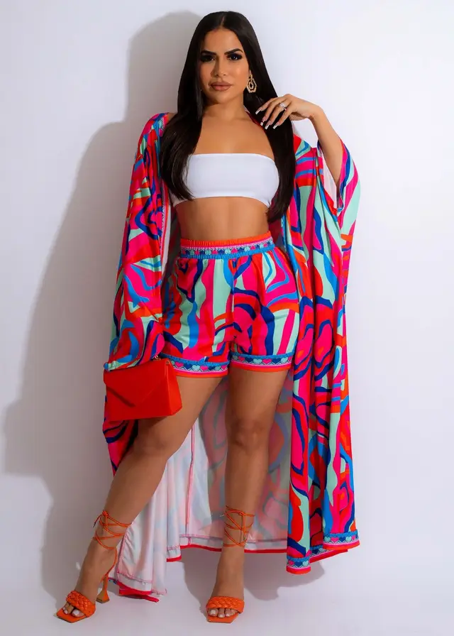 Spring And Summer New Printed Long Shirt Fashion Shorts Suit Two piece Set Red - Shop at LoveMi