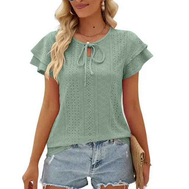 Women's Hole Hollow out Lace up Double layer Sleeve Top Green - Shop at LoveMi