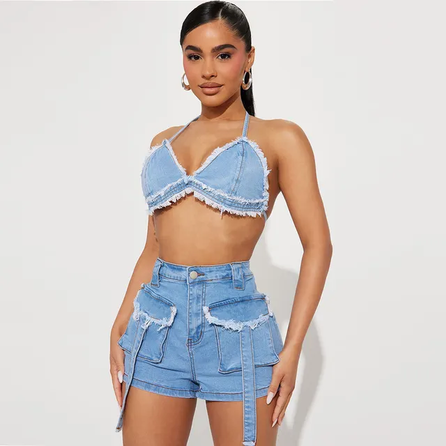 Women With Tassel Pocket Wash Navel Backless Denim Suit Blue - Shop at LoveMi