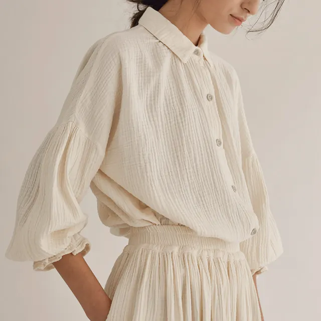 Fall Double layer Gauze Loungewear Suit Lantern Sleeve Niche Design Cotton Loose Shirt Skirt Women's Clothing Apricot Shirt - Shop at LoveMi