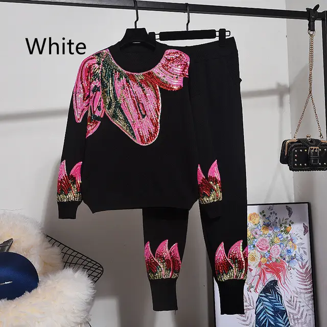 Sequined Heavy Industry Loose Sweater Coat Trousers Suit White - Shop at LoveMi