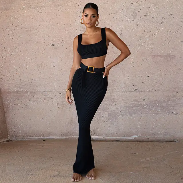 Knitted Inner Match Short Camisole Skirt Suit Black - Shop at LoveMi