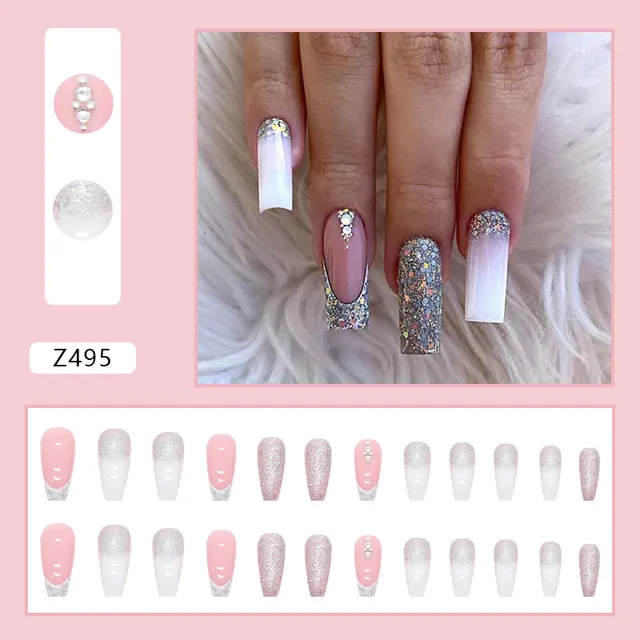 Mid length Fake Nails Worn Nail Crystal Stone Sticker Glitter French Sweet Z495 Flash Fragment Glue Type - Shop at LoveMi