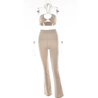 Casual Suit Sexy Tube Top Drawstring Halter Top High Waist Apricot Beige - Shop at LoveMi