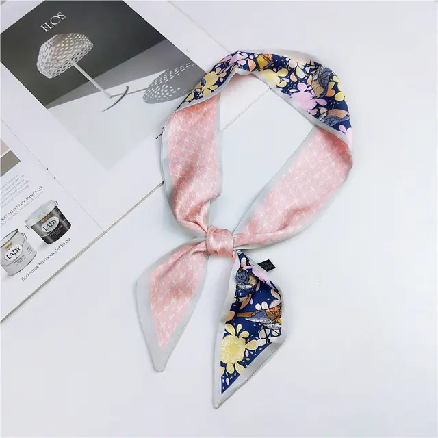 Silk Scarf Thin Narrow Strip All matching 12 Watercolor Bird Navy Blue - Shop at LoveMi