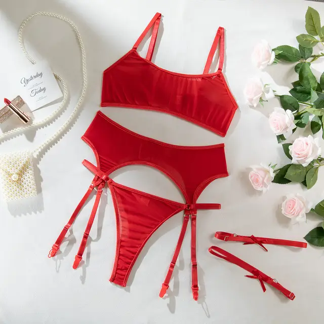 Underwear Mesh Gathered See through Comfortable All match Three piece Suit Red - Shop at LoveMi