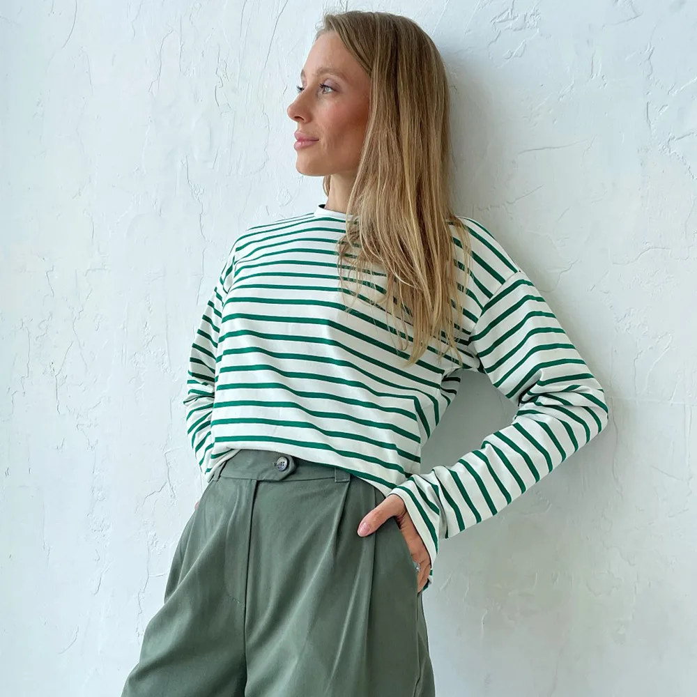 Trendy Wild Casual Round Neck Cotton Striped T shirt Green - Shop at LoveMi