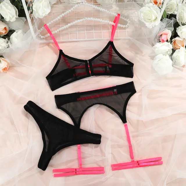 Underwear Set Contrast Color Mesh See through Three piece Set Black Pink - Shop at LoveMi