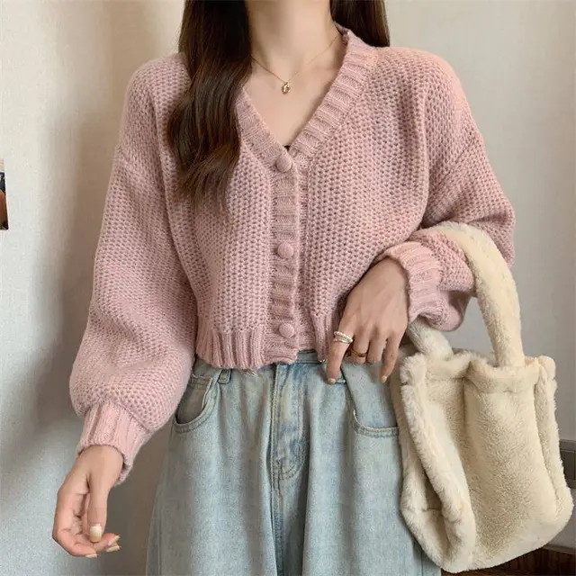 Early Spring Cardigan Short V neck Sweater Coat Pink - Shop at LoveMi