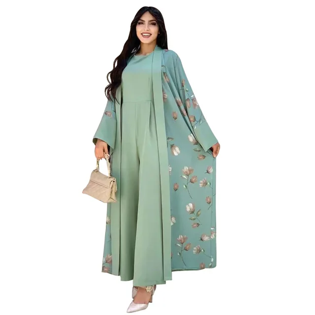 Flower Long Coat Fashion Two Piece Set Green - Shop at LoveMi