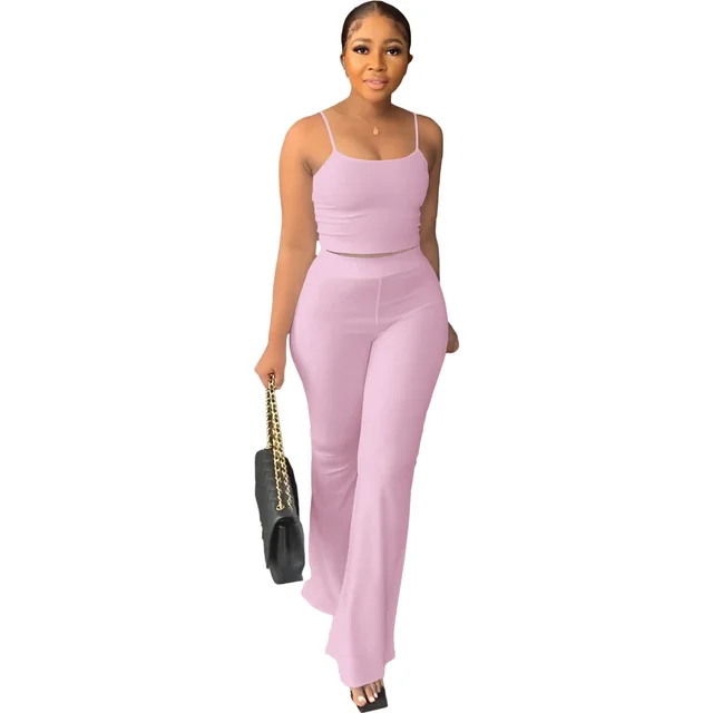Women's Solid Color Sling Bell bottom Pants Simple Fashion Suit Pink - Shop at LoveMi