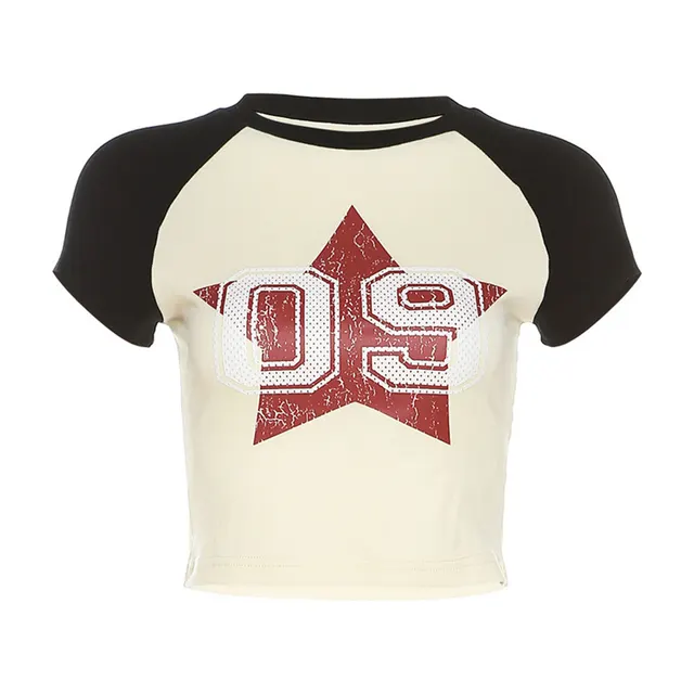 Solid Color Slim Fit Midriff baring Fashion Round Neck Printed Short Sleeve Apricot - Shop at LoveMi