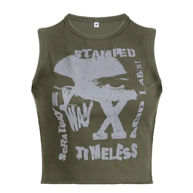 Graffiti Printing American Slim Fit Midriff baring Vest Green - Shop at LoveMi