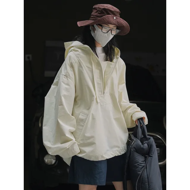 New Korean Style Casual Urban Outdoor Hooded Jacket Slim Profile Windproof Coat Sweatshirt Beige - Shop at LoveMi