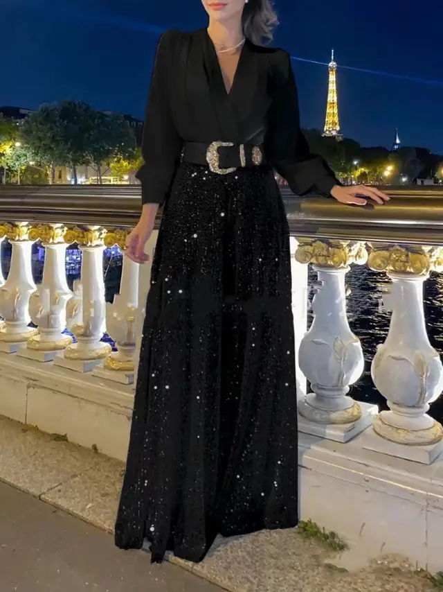 Women's Solid Color Fashion V neck Long Sleeve Shirt Sequined Wide leg Pants Black - Shop at LoveMi