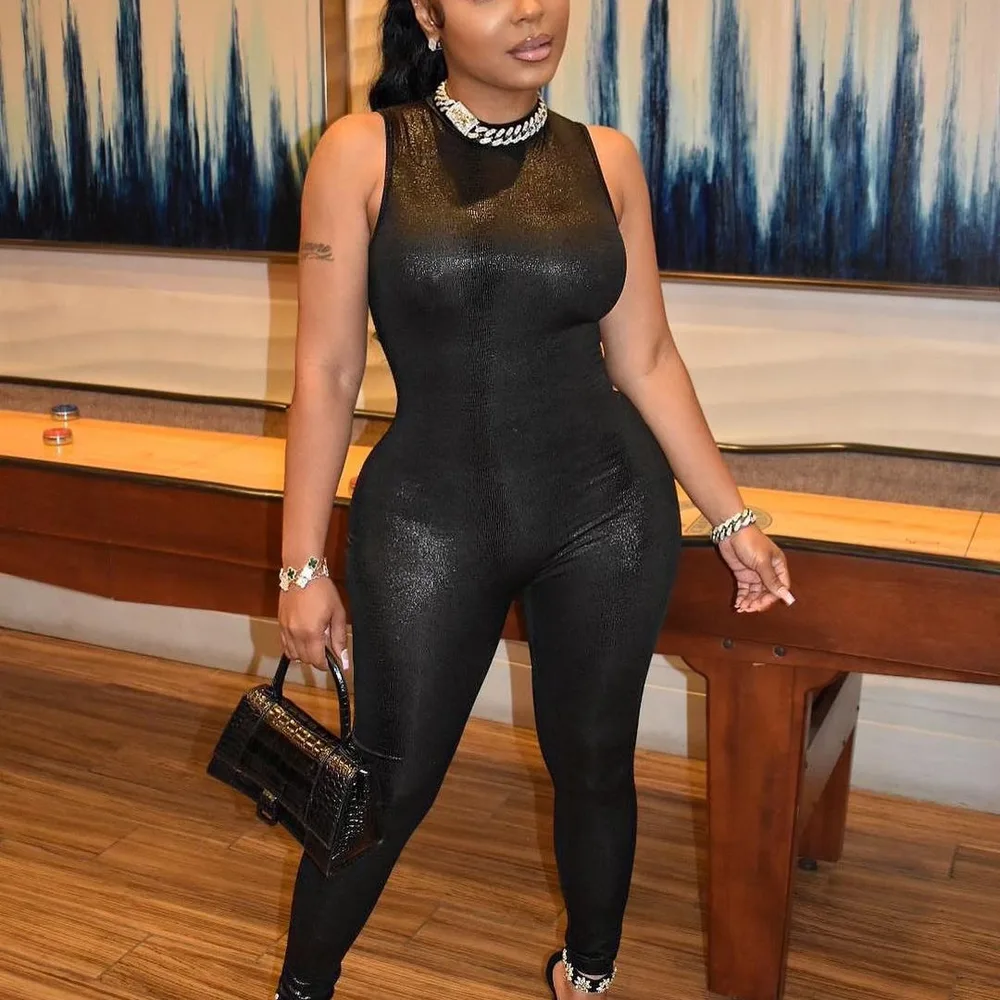 Women's Sleeveless Round Neck Ice Silk Glossy Slim Fit Bodysuit Black - Shop at LoveMi