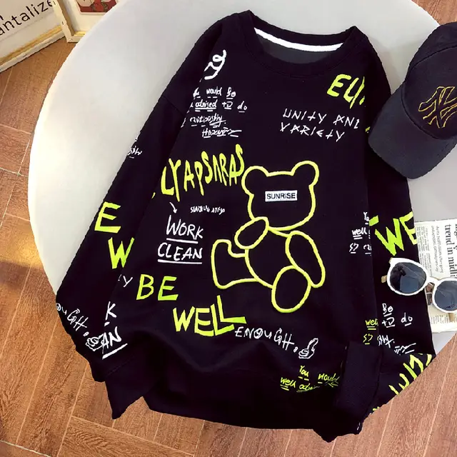 Cartoon Long Sleeve T shirt Women's Thin Sweater Loose National Fashion Top Bottoming Shirt Black - Shop at LoveMi