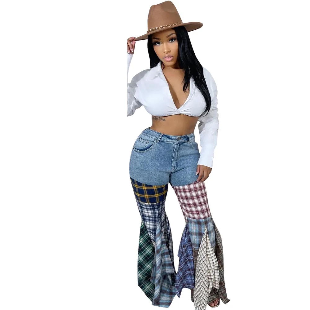 Women's Fashion Stitching Houndstooth Flared Denim Ruffled Trousers Light Blue - Shop at LoveMi