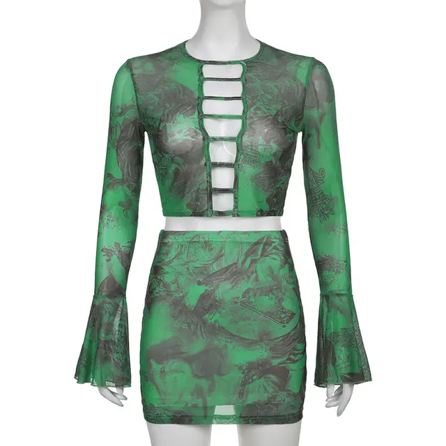 Flared Hollow Top Hip Skirt Chiffon Printing Suit Green - Shop at LoveMi