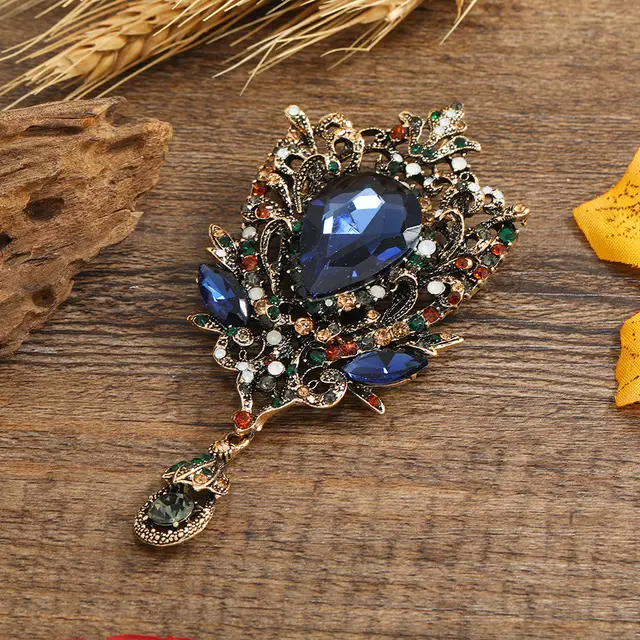 New Retro Rhinestone Water Drop Brooch For Women Ink Blue - Shop at LoveMi