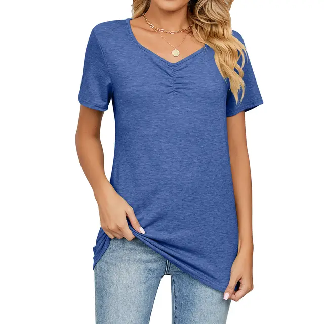 Women's Fashion V neck Pleated Casual Solid Color Loose T shirt Color Blue - Shop at LoveMi