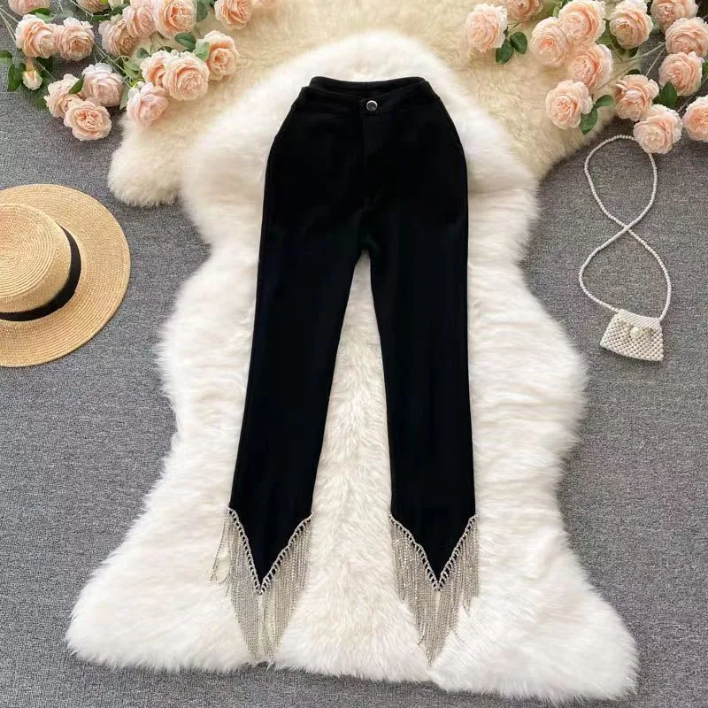 Design Sense Skinny Pants Women's Diamond Chain Black Tassel Cropped Pants - Shop at LoveMi