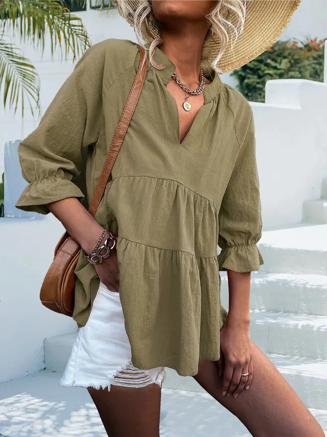 Spring And Summer New Popular Solid Color And V neck Top Army Green - Shop at LoveMi