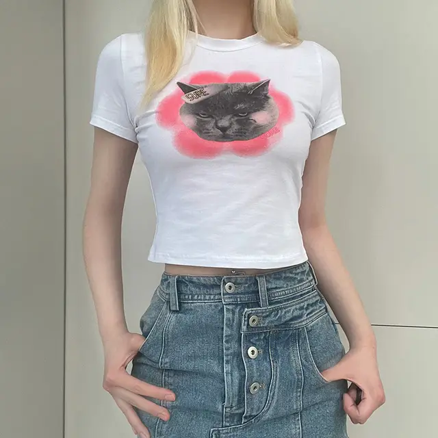 Sweet Cute Cat Print Cartoon Spice Short Sleeve T shirt Summer New Basic White Simple Top White - Shop at LoveMi