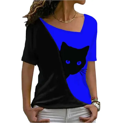 Women's Cat Printing Top Short Sleeve Sapphire Blue - Shop at LoveMi