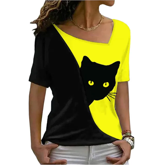Women's Cat Printing Top Short Sleeve Yellow - Shop at LoveMi