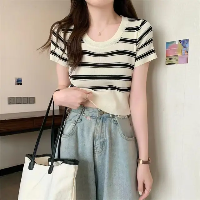 Women's Fashion Striped Knitted Short Sleeve T shirt Top Black - Shop at LoveMi