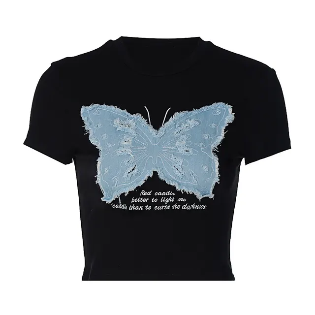 Women's Summer Cropped Printed Top Butterfly Embroidered T shirt Black - Shop at LoveMi
