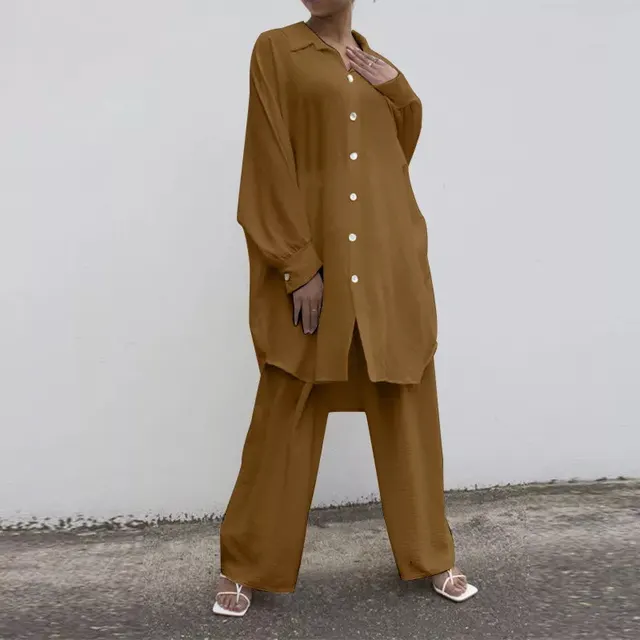 Shirt Solid Color Straight Leg Pants Brown - Shop at LoveMi