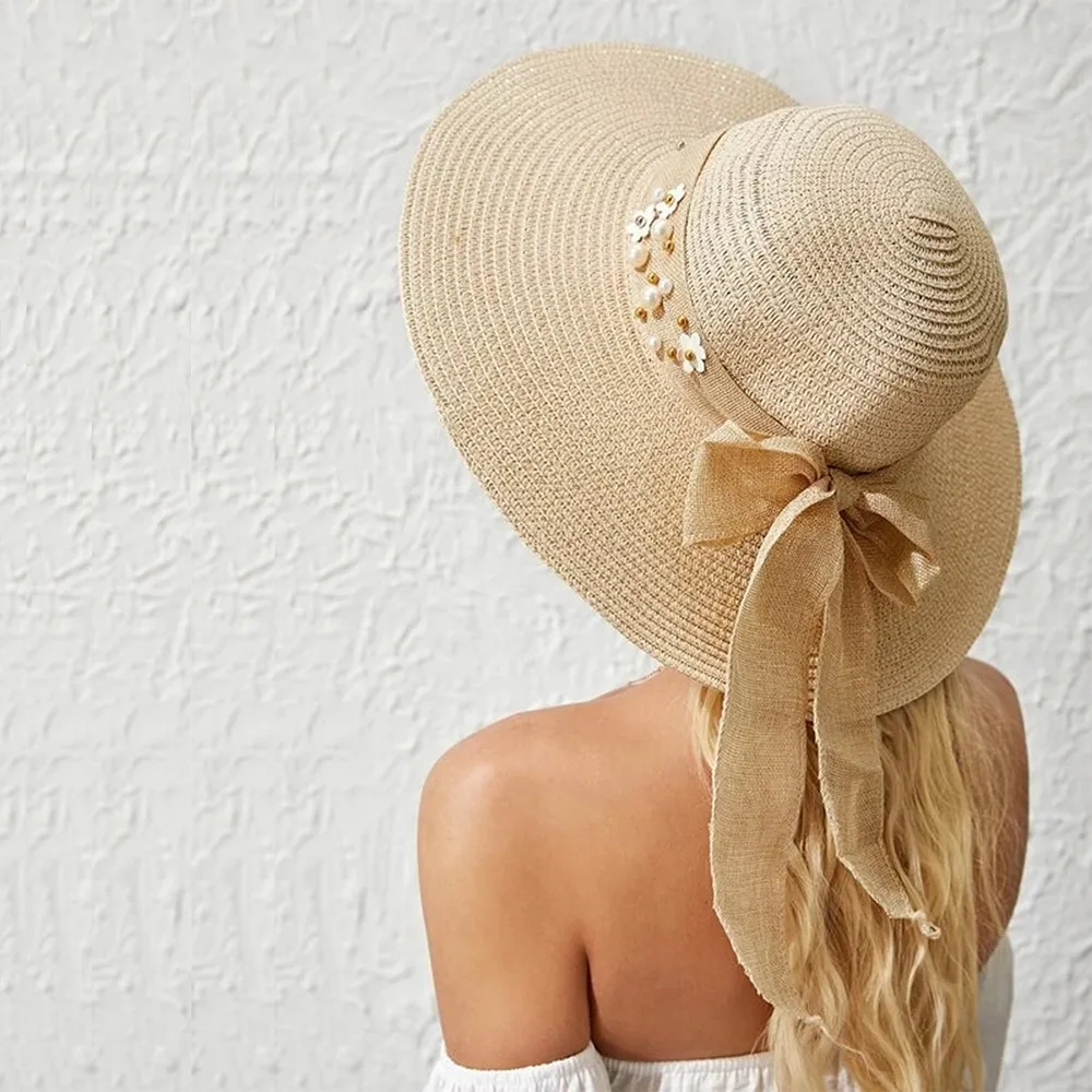 Summer Fashion Flower Linen Straw Hat Wide Brim Sunshade Japanese Style Beige - Shop at LoveMi