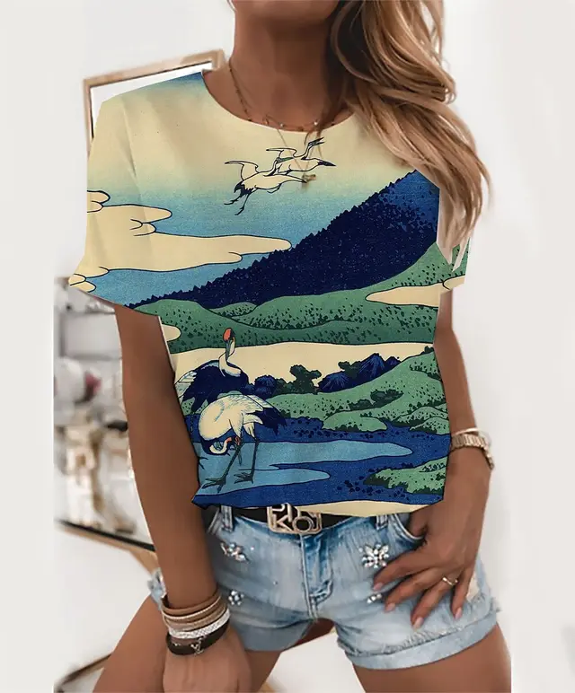 Peacock Landscape Printing Casual Short sleeved Round Neck T shirt Zha3003 - Shop at LoveMi