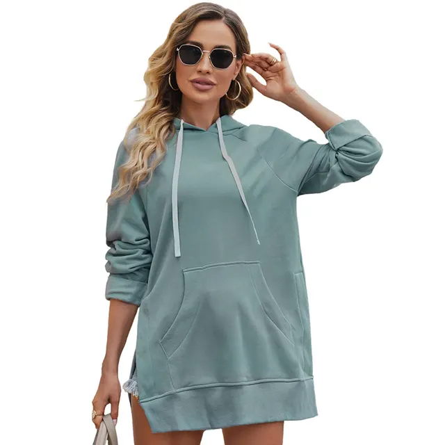 Women's Mid length Solid Color Hooded Sweater Dark Blue - Shop at LoveMi