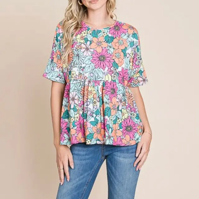 Printed Shirt Round Neck Short Sleeve Women's T shirt Color - Shop at LoveMi