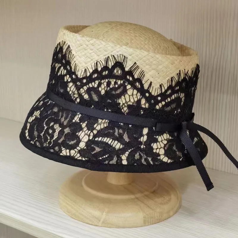 Sun proof Sun Protection Hat Socialite Style French Straw Short Cap Concave Top Bucket Black - Shop at LoveMi
