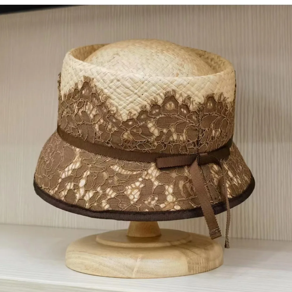 Sun proof Sun Protection Hat Socialite Style French Straw Short Cap Concave Top Bucket Brown - Shop at LoveMi