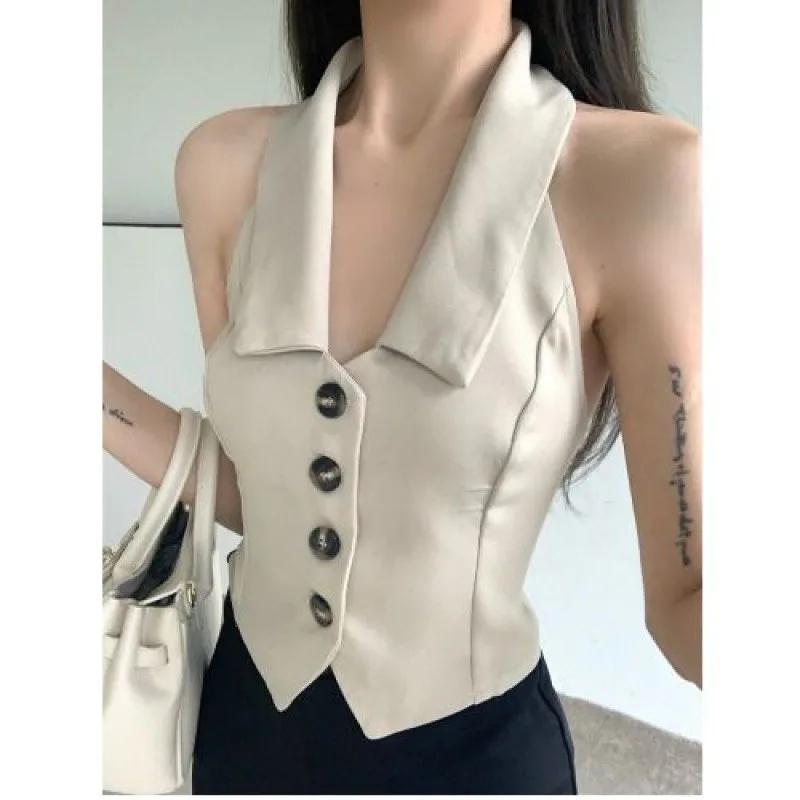 Pure Desire Chic Sweet Short Irregular Design Polo Collar Halter Sleeveless Knitted Vest - Apricot