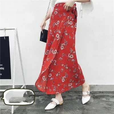 Sun proof Skirt Chiffon Half length High Waist A Line With Lining Red Small Floral Plus Chiffon - Shop at LoveMi