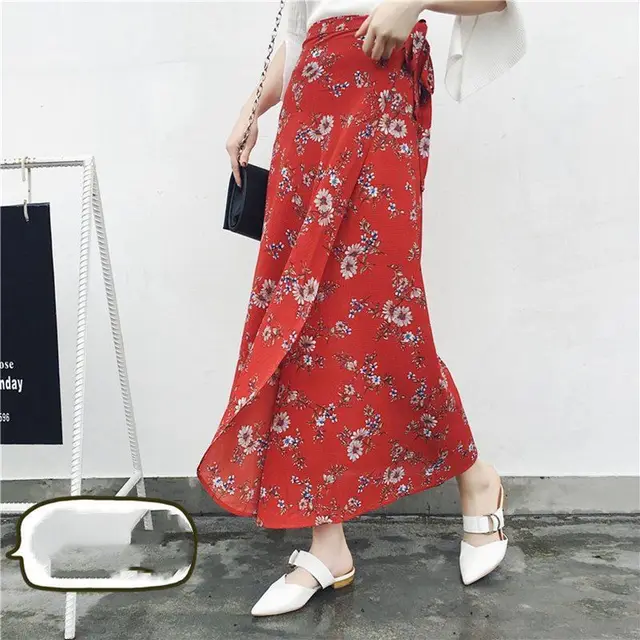 Sun-proof Skirt Chiffon Half-length High Waist A- Line With Lining - Red Small Floral Plus Chiffon