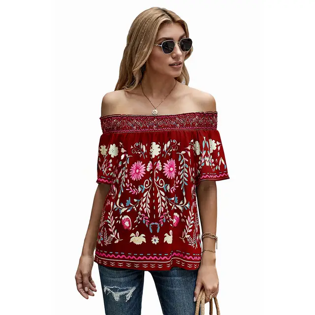 Women's Printed T shirt Loose Off Shoulder Top Lc253506 Red - Shop at LoveMi