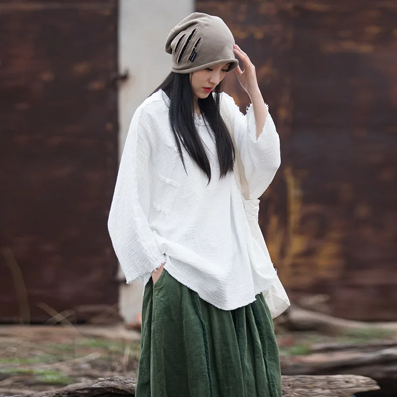 Double layer Cotton Stone Washed Brushed Artistic All match T shirt Plain White - Shop at LoveMi