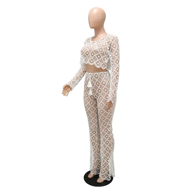O neck Short Top Bell bottom Pants Lace Suit Without Lining White - Shop at LoveMi