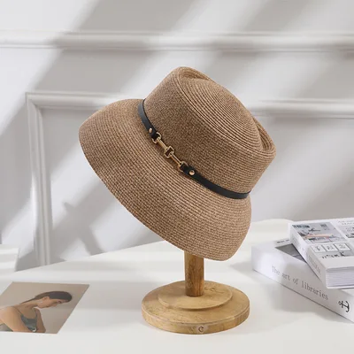 Women's Belt Chain Bell Type Sun proof Straw Hat Khaki - Shop at LoveMi