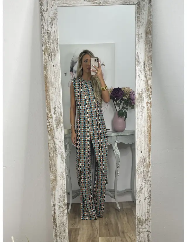 Printed Round Neck Sleeveless Trousers Suit Green - Shop at LoveMi